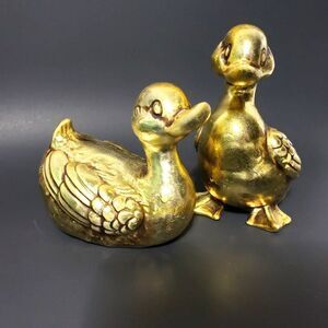 Vintage Ceramic Duck Figurines Pair Gold 5.5 In. Mid Century Modern